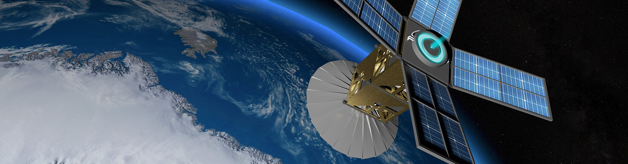 A satellite in space hovers in earth's orbit.