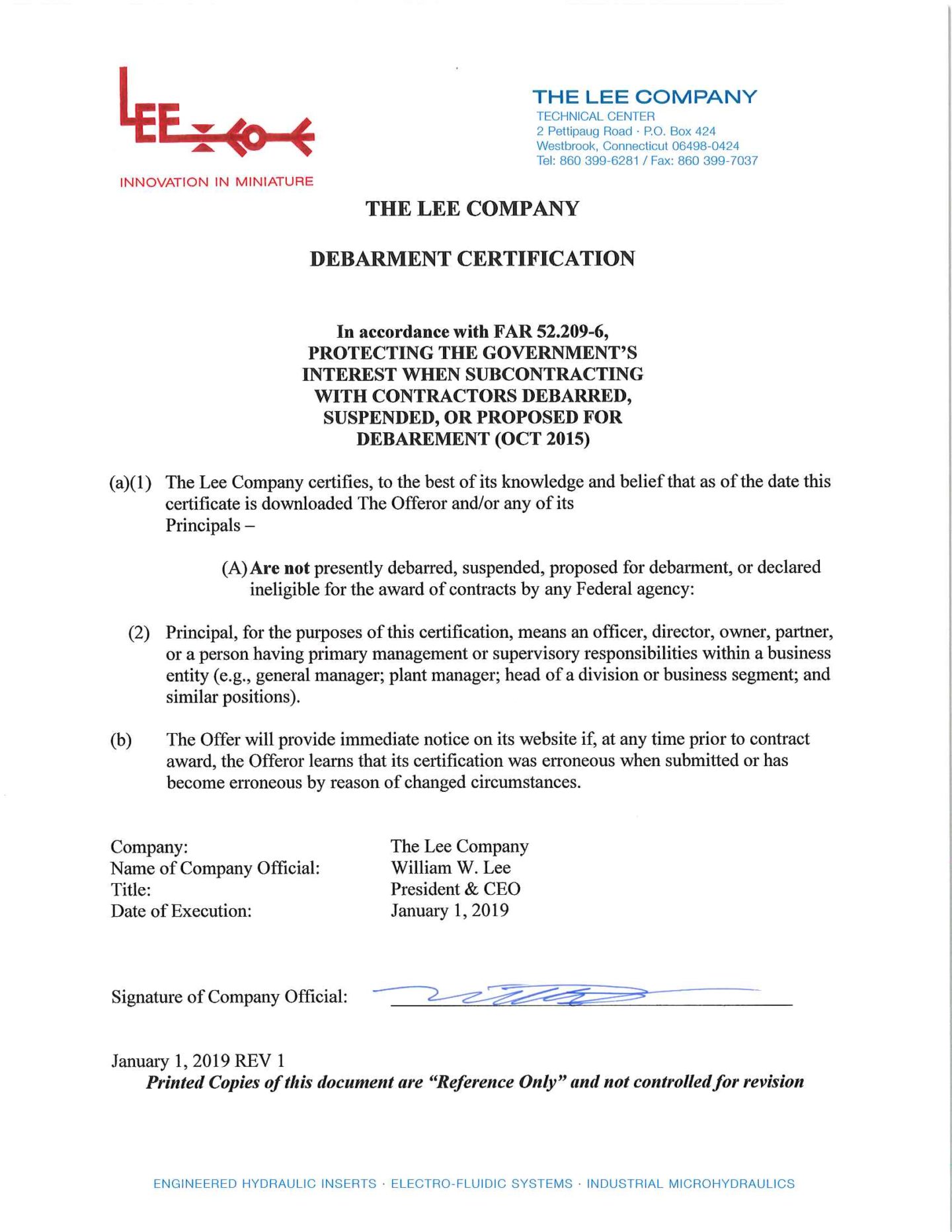 Debarment Certification The Lee Co